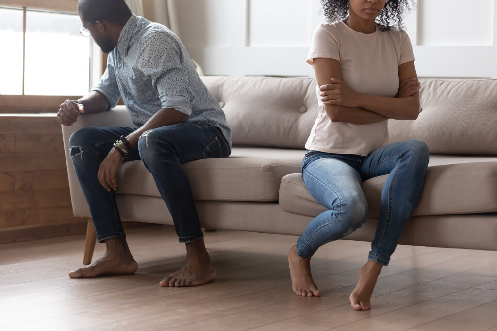 Black couple disagreeing. If you're experiencing relationship problems, a therapist can help. Understand what makes a relationship healthy from this blog and see why relationship conflict matters. Jackson, MI 39056 | Gulfport, MI 39501 | Chicago, IL  60601 | 60602 | 60603 | 60604